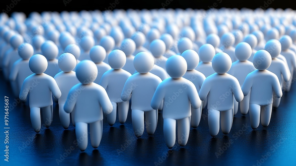 Poster a vibrant 3d representation of multiple plastic figures standing in formation, illustrating unity an
