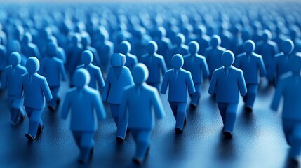 Fototapeta premium A vast crowd of blue figures walking together, representing unity, teamwork, and collective motion in a minimalist style.