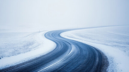 Curving road cutting through a snow-covered landscape on a foggy winter day, creating a serene and isolated atmosphere
