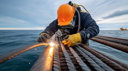 Deep-sea construction repair, diver ensuring safe welding.