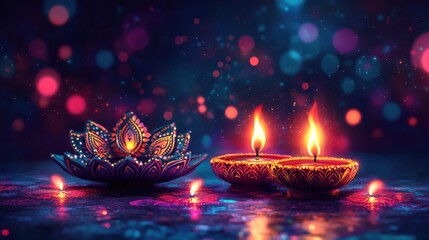 A traditional Deepavali design with intricate patterns, vibrant colors, and glowing lamps