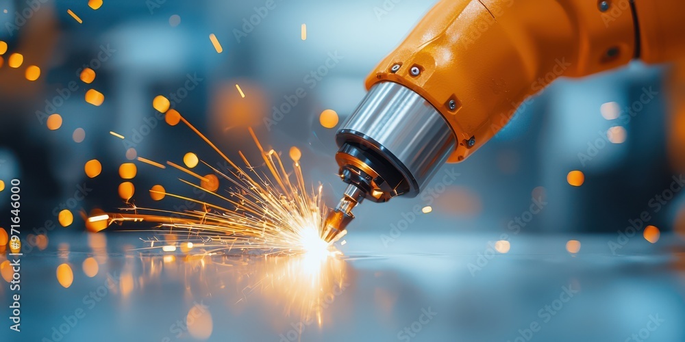 Poster an industrial robotic arm performs precision welding, creating sparks in a dynamic manufacturing env