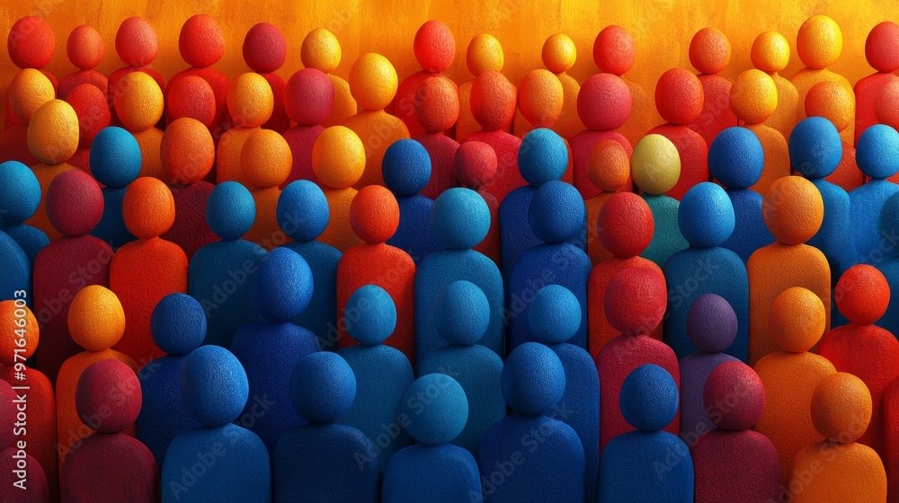 Poster a vibrant crowd of colorful figures in various hues, symbolizing diversity and unity in community ga