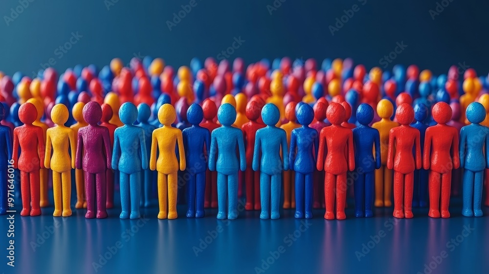 Poster a vibrant crowd of colorful plastic figures, representing diversity and unity in a playful and creat