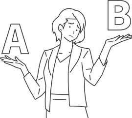 2択の問題に悩むビジネスウーマン（線画）