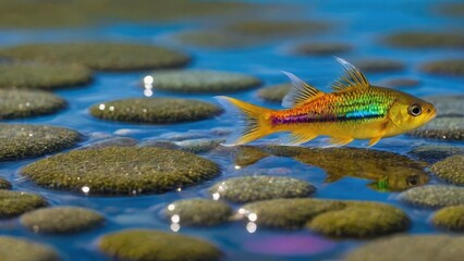 Fototapeta premium A colorful fish swims above textured stones in clear water, showcasing aquatic beauty.