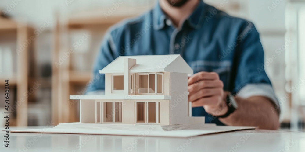 Poster architect working on a miniature house model, showcasing creativity and design skills in an inspirin