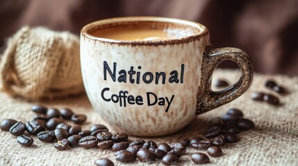 National Coffee Day Banner. cup of coffee with a festive inscription.