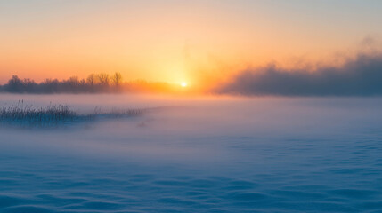 Obraz premium Winter sunrise over a snowy field with mist rising in the cold air, creating a colorful gradient in the sky