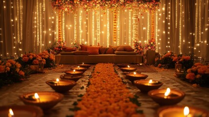 A traditional Diwali decor with intricate patterns, floral arrangements, and softly glowing lamps