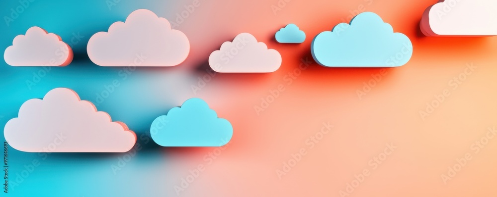 Poster a serene and colorful illustration of clouds in various shapes, creating a calming atmosphere in a d