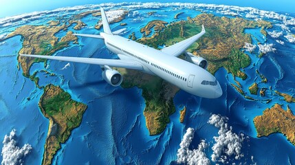 Naklejka premium Aerial view of a modern airplane flying over a detailed map of the world, representing international travel and exploration.