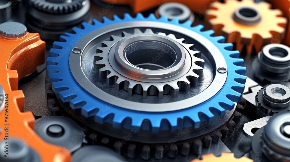 Poster close-up of colorful gears in a mechanical assembly, showcasing intricate design and engineering pre