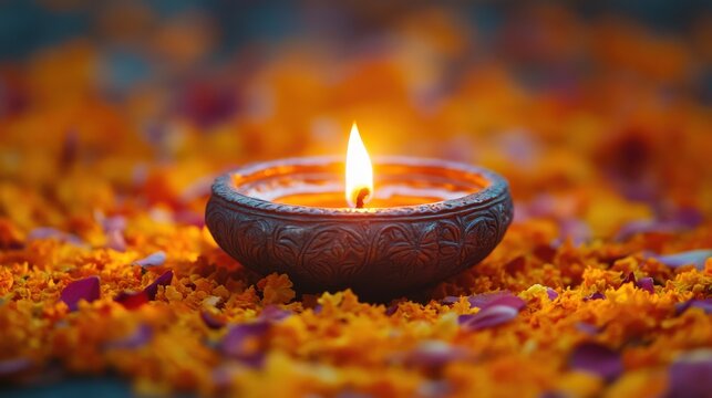 A traditional Indian diya with intricate carvings, lit up and surrounded by marigold petals