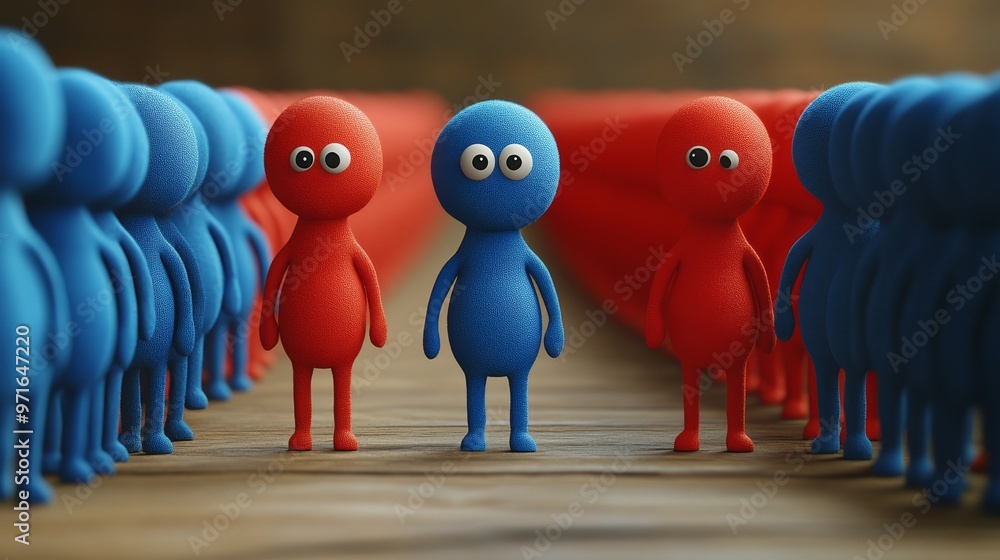 Poster colorful and playful characters representing unity and diversity, standing out in a group of vibrant