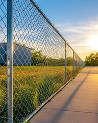 A chain link fence stretches along a vibrant landscape at sunset, showcasing the interplay of light and shadow on a peaceful evening.