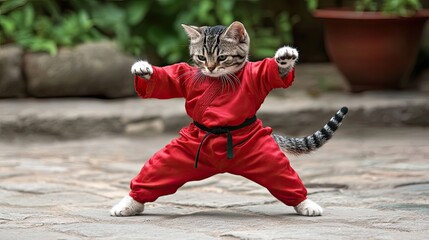 Fototapeta premium A charming cat dressed in a martial arts outfit demonstrates kung fu in a serene street filled with decorative plants and traditional architecture