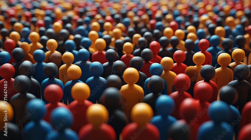 Poster colorful figurines assembled in vast numbers, representing diversity and unity in a vibrant communit