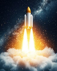 Obraz premium A majestic rocket launching into the cosmos, leaving a trail of flames and sparks amid clouds and starry space.