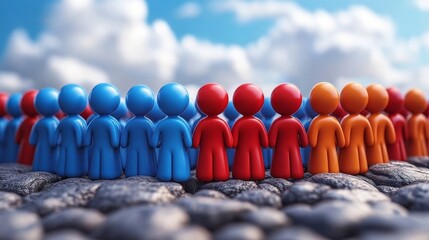 Colorful figures stand together in unity, representing diversity and collaboration under a sunny sky.