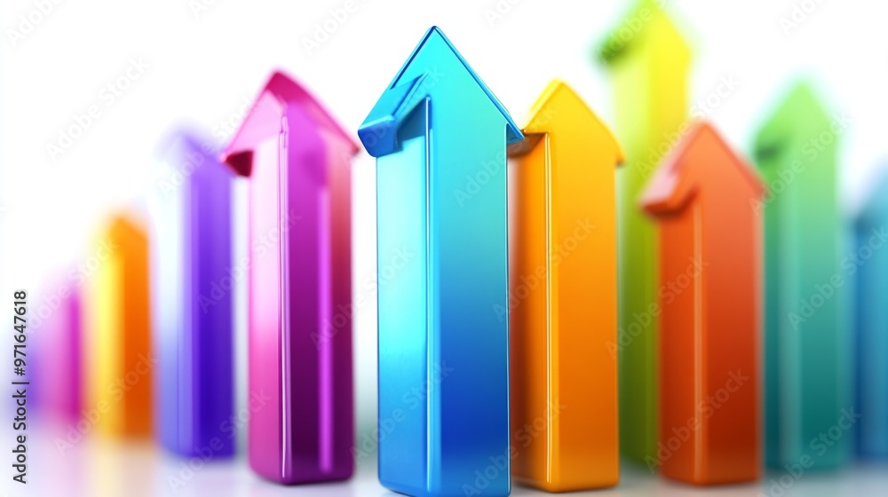 Poster a 3d-rendered bar graph representing financial growth, with vibrant colors and arrows pointing upwar