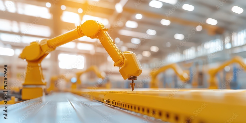 Poster a robotic arm in a modern factory setting, showcasing advanced automation technology in manufacturin