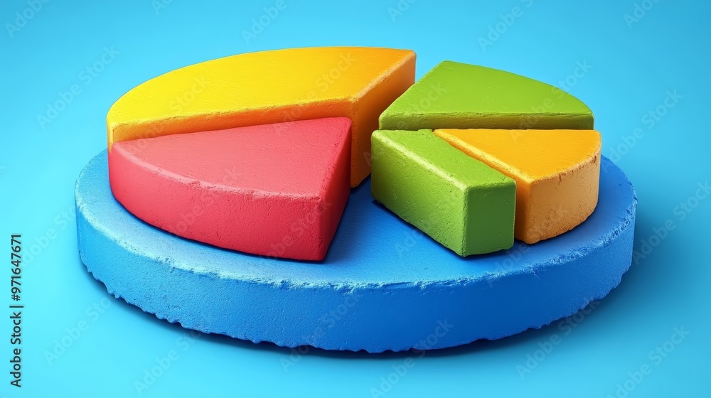 Poster colorful pie chart on a blue background, representing data visualization and analysis in a modern de