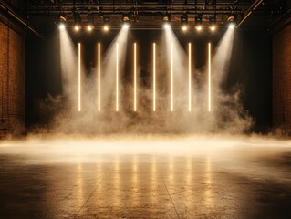 Dramatic stage with smoky atmosphere and bright lighting, perfect for performances, presentations, and creative events.