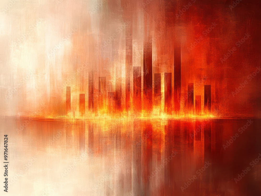Poster vibrant abstract image featuring fiery hues and blurred vertical structures reflecting on a tranquil
