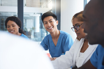 Medical, team and man with portrait in meeting for healthcare planning, health management or...