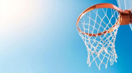 Hoop, net, and ball scoring against a clear sky.