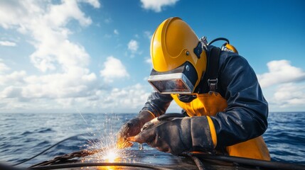 Fototapeta premium Industrial diver repairing submerged equipment, welding tools.