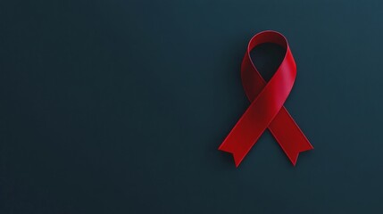 HIV/AIDS Awareness and Solidarity: Red Ribbon on Blue Background Advocating for Global Efforts Against the Epidemic, copy space
