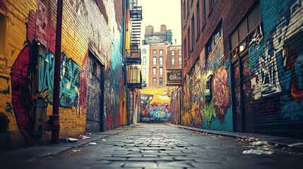 Fototapeta premium A narrow alleyway with colorful graffiti on the walls.