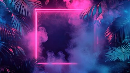Fototapeta premium Neon Pink Square Frame with Tropical Leaves and Smoke