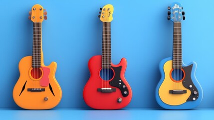 Three colorful guitars stand against a vibrant blue background, showcasing their unique designs and playful appeal.