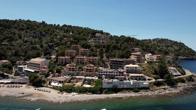 Mallorca island (Majorca) aerial drone 4k hd video of Port de Soller marine and beach. Spain, Balearic islands