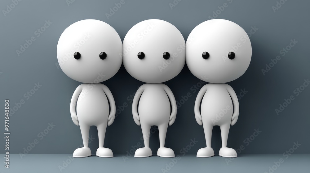 Poster three simplistic 3d characters stand together against a minimalistic gray background, symbolizing un