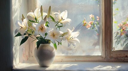   A vase holding white blooms rests on a window sill alongside one with pink and white petals
