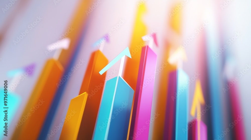 Poster a 3d-rendered bar graph representing financial growth, with vibrant colors and arrows pointing upwar