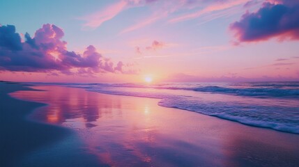 Naklejka premium Pink Sunset Reflecting on a Calm Ocean Beach