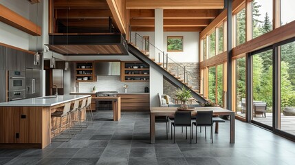 Obraz premium Modern open concept home interior kitchen featuring floating stairs grey slate floors beamed ceiling and wood cabinets