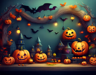 Fototapeta premium Halloween decorations display, showcasing pumpkins, bats, and other themed items perfect fo_1(501)