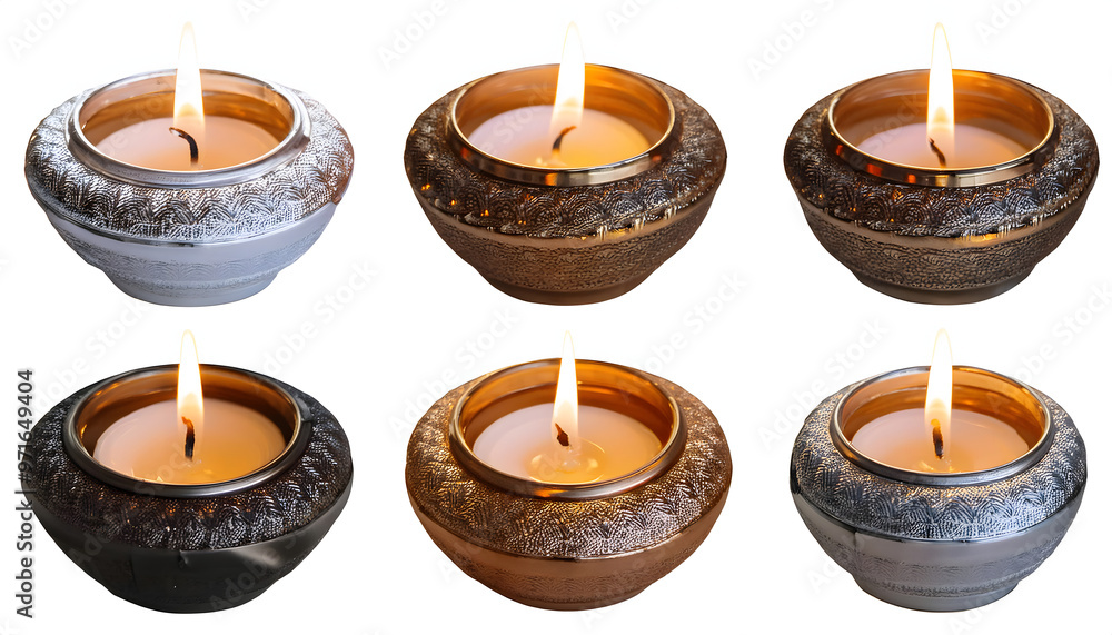 Poster set of collection tealight latern lamp with burning isolated cut out the design element