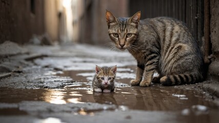 A starving mother cat with her single kitten, both looking thin and dirty in an alley
