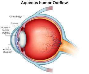 Vector Illustration of Aqueous Humor Outflow Mechanism in Healthy Eye: Uveoscleral Pathway,
Trabecular Meshwork, and Conjunctival Canal with Detailed Labels and Anatomical Annotations