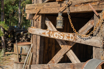 Old Abandoned Wooden Broken and Collapsed Building. Wild west style.