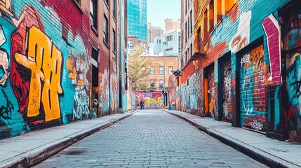 Fototapeta premium A colorful urban alleyway lined with graffiti art.