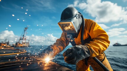 Marine structure welding, diver in specialized suit.