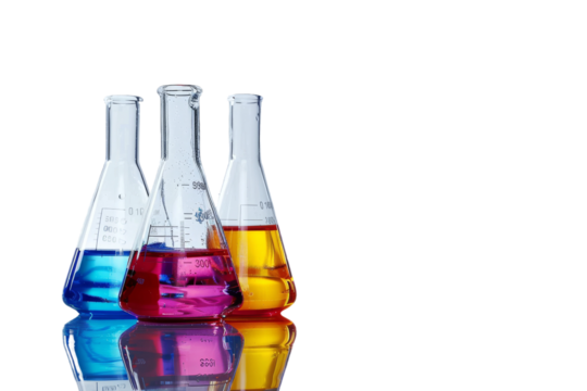 HD image of a lab flask with liquid isolated on a transparent surface